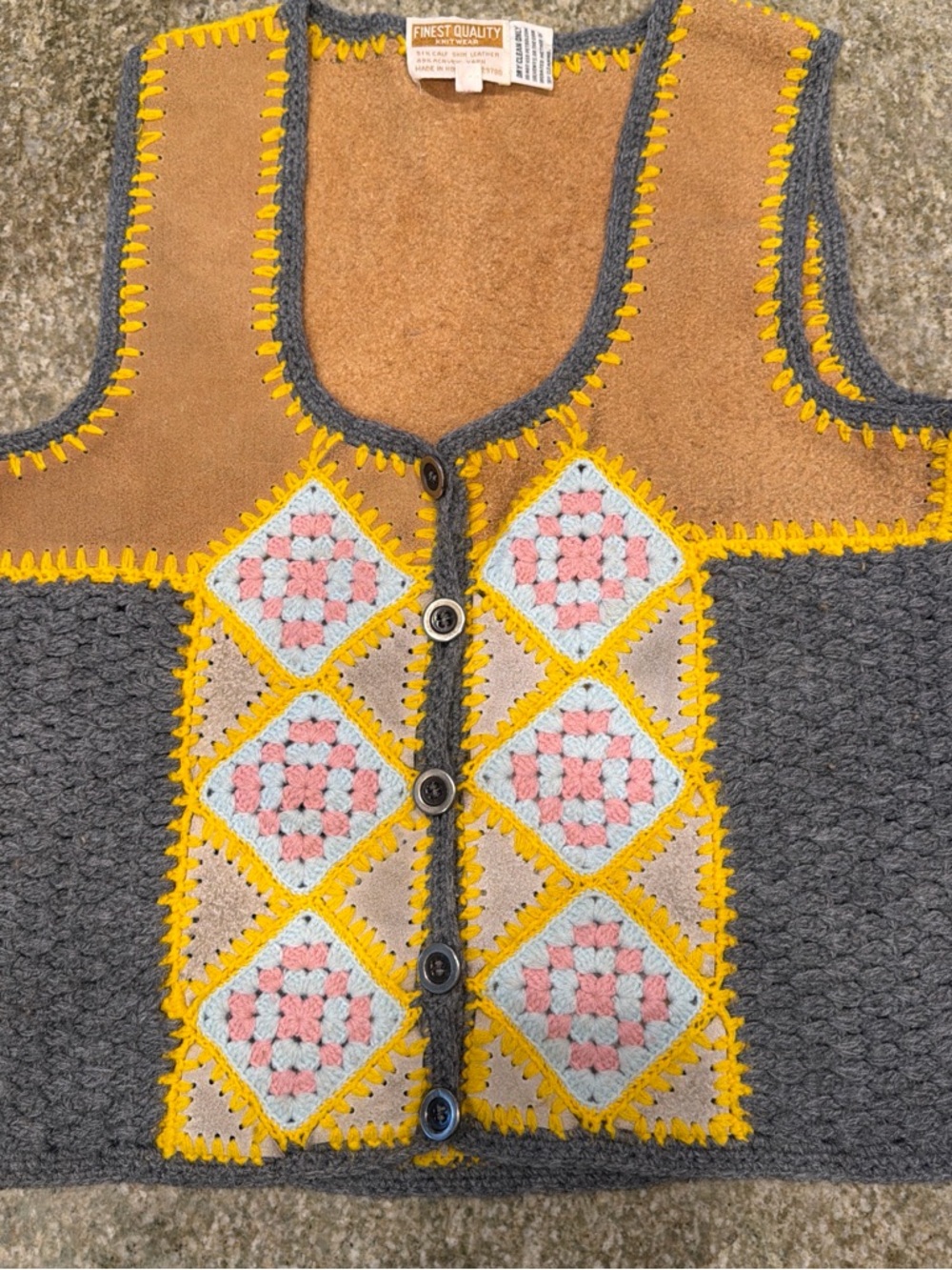 Handcrafted Gray & Tan Crochet Patchwork Vest with Yellow Trim